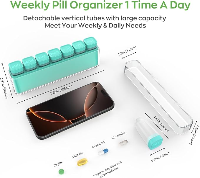 Weekly Pill Organizer 1 Time a Day, HIONXMGA Portable Detachable Travel Pill Box 7 Day, Large Once Daily Pill Holder Case, Color-Coded Dispenser for Vitamin Medicine Supplement Fish Oil, Cyan