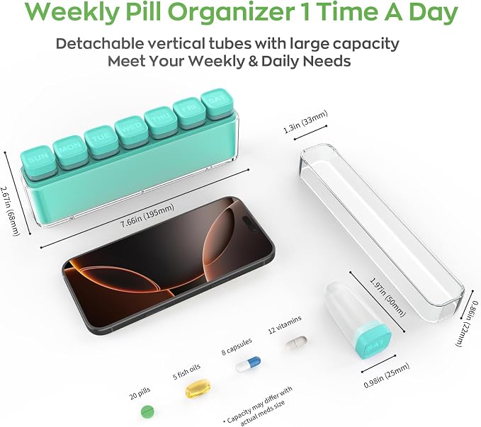 HIONXMGA Weekly Pill Organizer, Detachable 7-Color Pill Box, Easy Tracking | Portable Travel Pill Case Container for Daily Vitamin Supplement Fish Oil, Silicone-Seal, Lasting Labels, Quick Fill (Cyan)