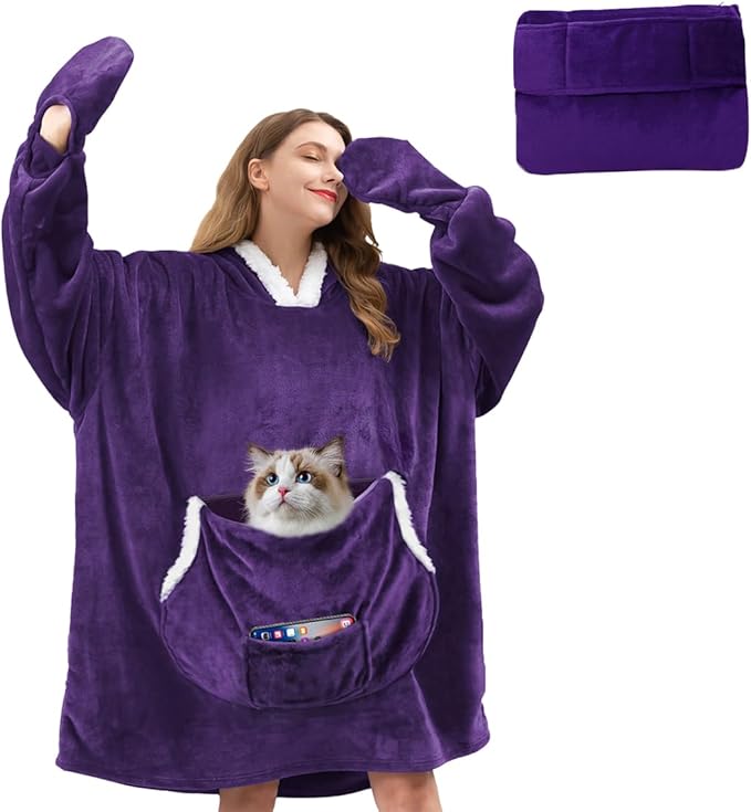 JOYWOO Purple Foldable Wearable Blanket Hoodie with Gloves,Oversized Cat Lovers Sweatshirt Blanket for Adult, Birthday Gifts for Women,Mom,Grandma,Cozy Sherpa Blanket with Giant Pocket Winter Gifts