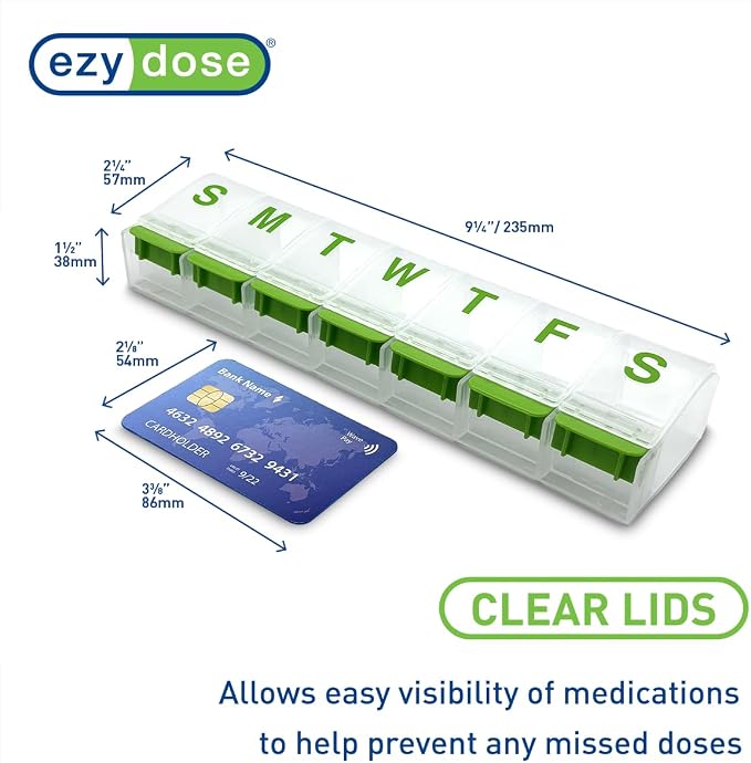 EZY DOSE Weekly (7-Day) Pill Case, Medicine Planner, Vitamin Organizer Box, 2X-Large Push-Button Compartments, Color May Vary, BPA Free