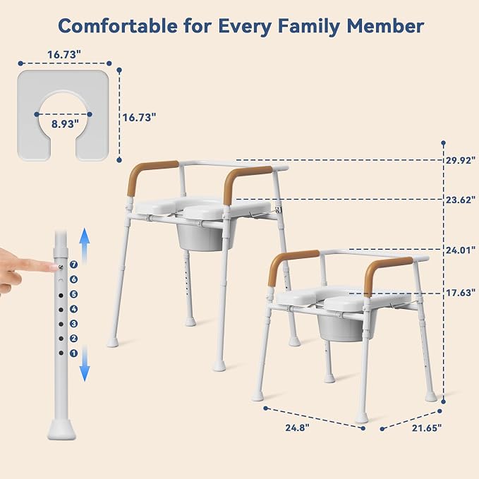 Bedside Commode for Seniors, 6.3 QT Removable Bucket & Splash Guard | 3-In-1 Potty Chair With Adjustable Height, Tool-Free Assembly, 350 Lbs Capacity, Portable Toilet For Adults & Post-Op Users