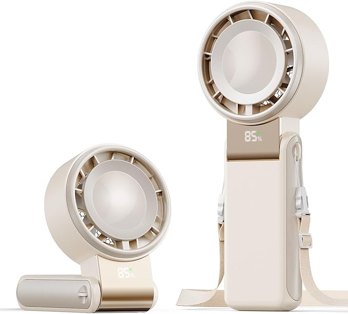 SHEWIND Portable Handheld Mini Fan -5 Speeds, 20H Max, LED Display - Cream | Foldable Mini Fan; Neck & Desktop Use; 4000mAh Rechargeable Battery; Travel Turbo Fan