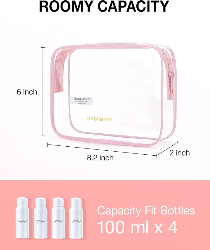 BAGSMART Clear Toiletry Bag 2-Pack TSA Approved Water-Repellent, Pink | Carry on Travel Accessories Bag, Airport Airline Quart Size Bags for Women Men, Makeup Cosmetic Bag