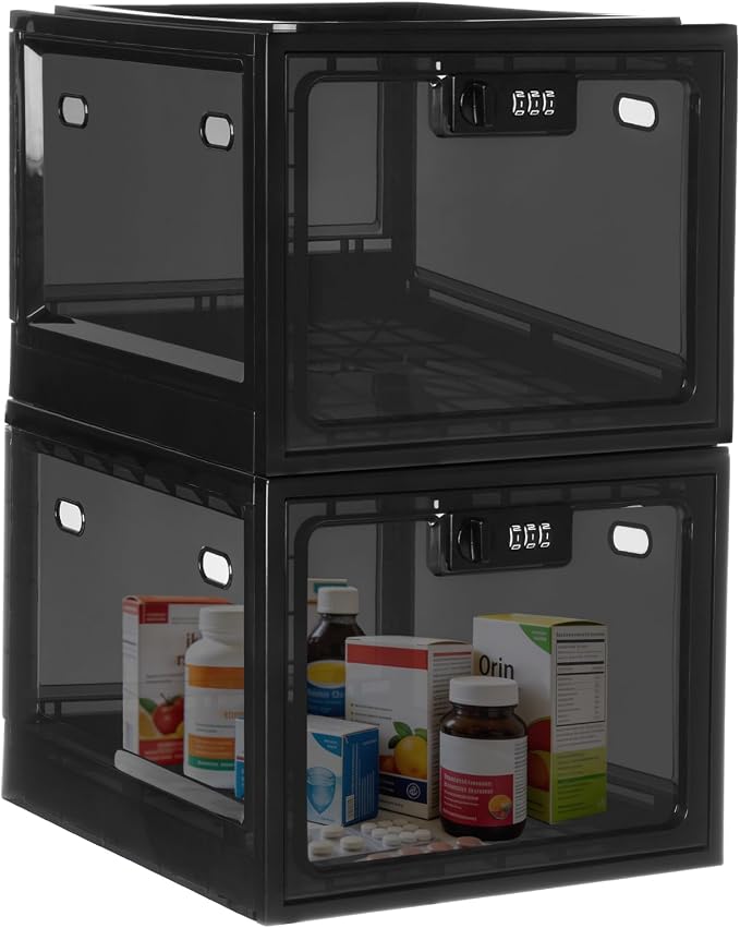 Medicine Lock Box with Code, Lockable Storage Box for medication,Food, Phone, Tablet, Premium Plastic Large Locking Organizer Bin for Office, Dorm, Home (2 Pack)