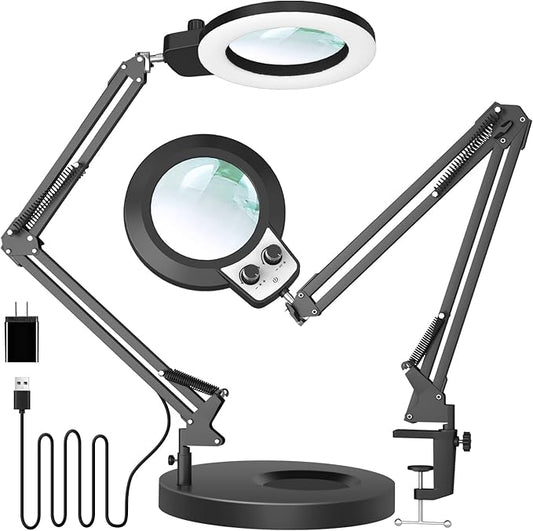 KIRKAS 12X Magnifying Glass with Light and Stand, Any Color Modes & Stepless Brightness LED Magnifying Lamp with Clamp, 2-in-1 Magnifier Glass Lens Desk Lamp for Crafts Hobby Reading Close Work