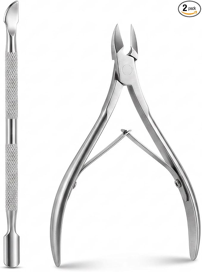 Manicure Pedicure Kit with Cuticle Trimmer - 2 Pack Professional Stainless Steel Cuticle Nipper & Dual-End Pusher, Dead Skin Remover Tools for Home DIY & Travel