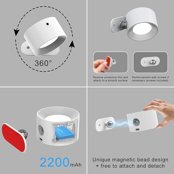 3PACK Romote LED Wall Sconce - Rechargeable Wall Light, 3 Colors & 3 Brightness Levels, 360° Magnetic Rotating Head, Bedside Reading Lamp, Easy Install Battery Operated Lamp White