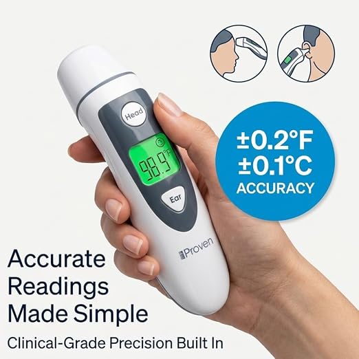 iProven Ear and Forehead Thermometer for Adults, Kids, and Baby | 2-in-1 Ear & Forehead, 1-Second Readings, Fever Alert Color Indicator, 20 Memory Recall, Family Thermometer For Home Use