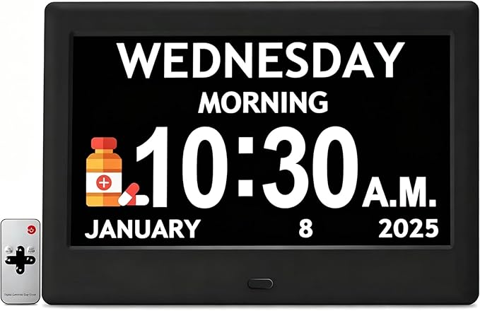 Pastigio Digital Clocks, 7'' Dementia Clock with Date and Time for Seniors | Large Display, 1024*600P HD, Auto DST, Easy Setup Reminders & Alarms, Remote Control, Gifts for Alzheimer Seniors, Black