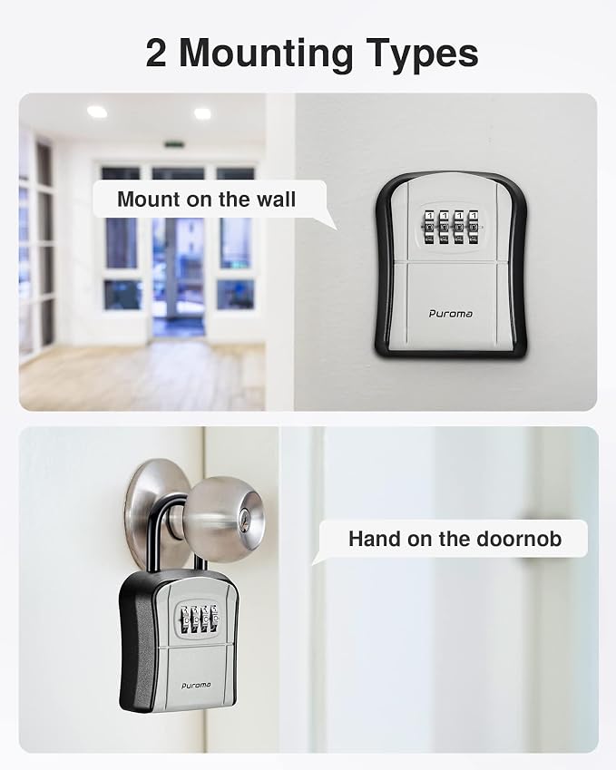 Puroma Key Lock Box Outdoor 4 Digit Code Combination Lockbox House, 4 Gray | For Contractors Guest Realtor Storage Keys, Portable, Home Wall Mount, Resettable, Combination, Weatherproof, High-capacity