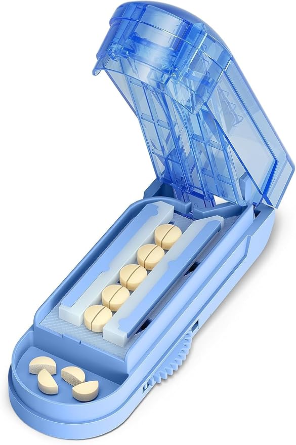 ONE PIX Multiple Pill Cutter Splitter for Small and Tiny Pills, Accurate 1/2 Tablet Splitter with Adjustable Bars & Hidden Blade, Safely Cuts Large Medication for Seniors & Pets, Blue