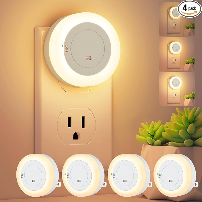 FOLKSMATE LED Night Lights Plug in, Dimmable Nightlight Plug Into Wall with Light Sensor, Soft White Adjustable for Adults, Bedroom, Bathroom, 4-Pack