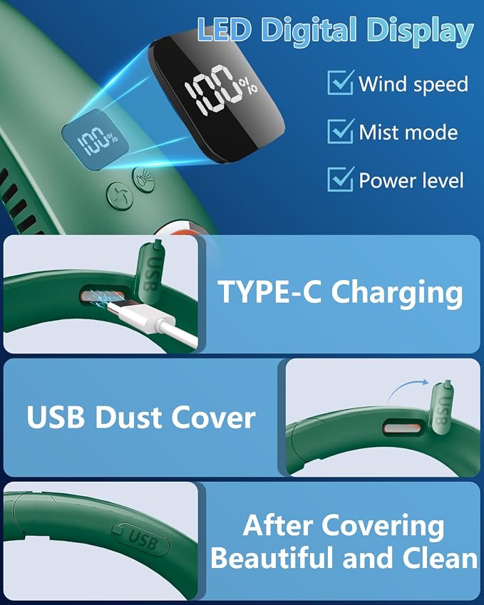 Personal Fans for Your Neck,Folding Neck Fan with Mist Spray Rechargeable Usb-C 5 Speeds,Light Weight Neckband Cooling Water Misting Fans that Blow Cold Air,Cordless Compact Fan for Adults Kids Labor
