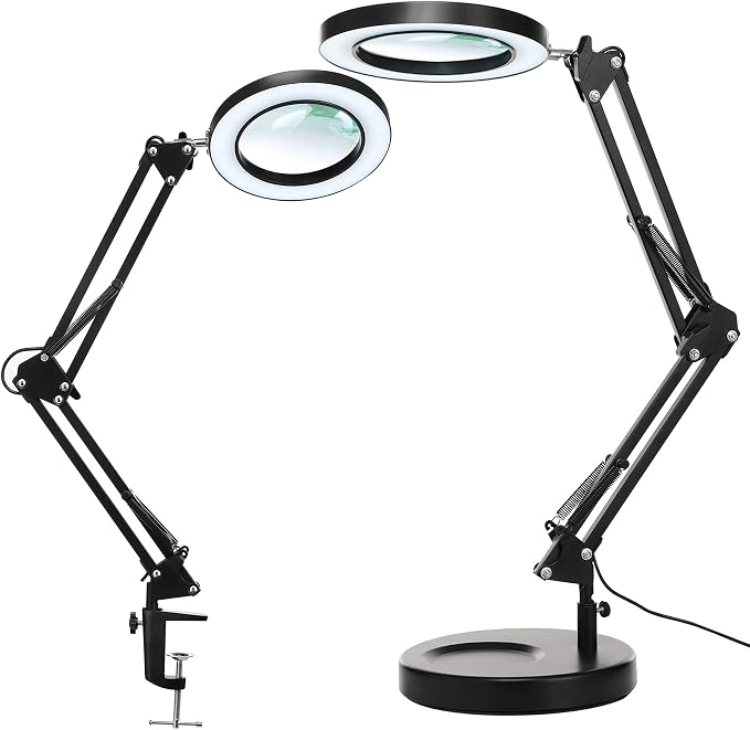 KIRKAS 10X Magnifying Glass with Light and Stand, 2 in 1 Stepless Dimmable | LED Desk Lamp with Clamp, 3 Color Modes Lighted Magnifier Swivel Arm Light for Reading, Craft, Close Works - Black