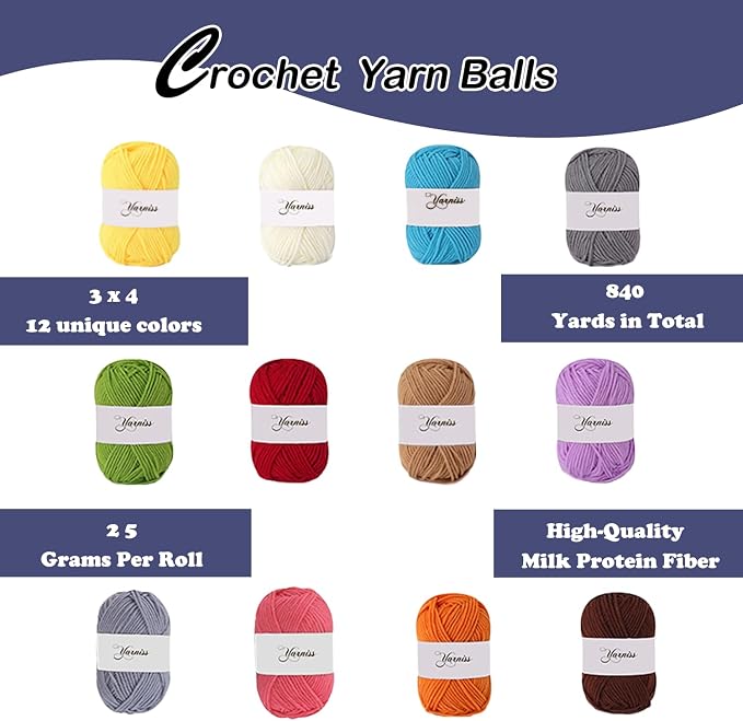 Yarniss Crochet Kit for Beginners, All in One Crochet Kits with 840 Yards Crochet Yarn, Ergonomic Crochet Hooks Set with Yarn for Adults, Navy