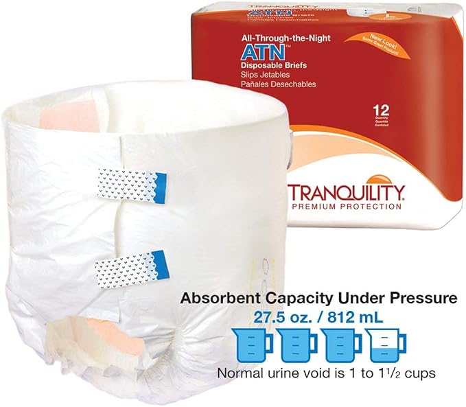 Tranquility Premium ATN Disposable Briefs with Tabs, Overnight Protection Superabsorbent Core for Leak-Free and Full-Fit Comfort, Large 96ct Case