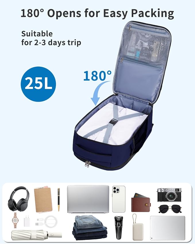 WANDF Personal Item Travel Bag, Small Travel Backpack 17x10x9 for United Airlines, 15.6" Laptop Backpack for Men Women (Navy Blue)