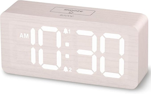 uscce Wooden Digital Alarm Clocks for Bedrooms with 0-100% Dimmable Display | Desk Clock with Large Numbers for Living Room - Loud Dual Alarm for Heavy Sleepers with Volume Control - Wood Decor & Gifts