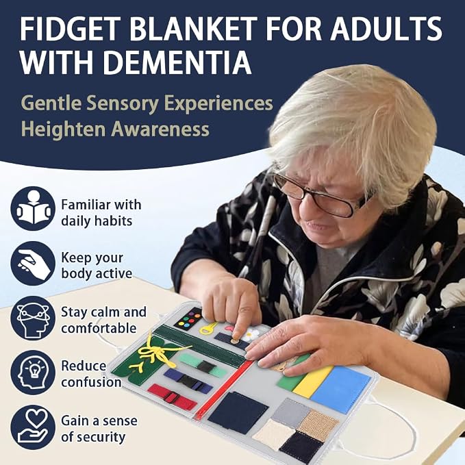Fidget Blanket for Adults with Dementia – Adult Sensory Support Blanket for Daily Living Familiarity & Memory Engagement & Anxiety Relief - Non-Toy Felt Activity Book for Seniors for Memory Care