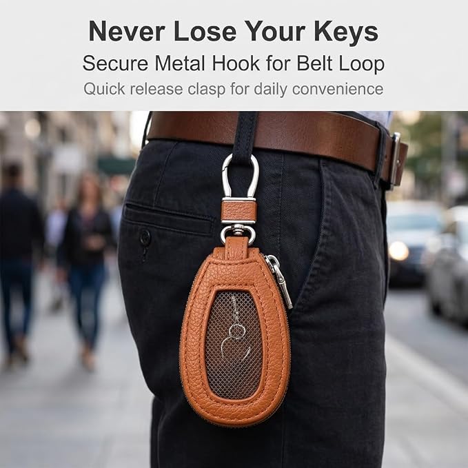 1PC Car Key Fob Case, Leather Car Key Holder for Purse, Automotive Smart Key fob Holder with Hook, for Remote Key Fob