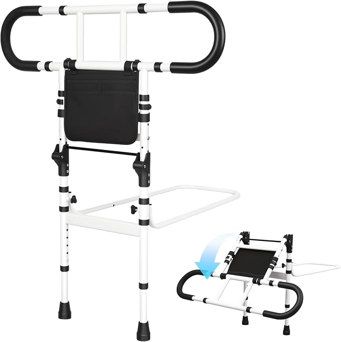 Bed Rails for Elderly Adults Safety, Bed Cane for Seniors, 300 Lbs | Adjustable Height Grab Bar Handrails with 2 Ergonomic Handles & Storage Pocket, 180° Foldable Bed Rails for Seniors