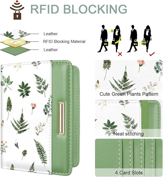 Passport Holder Cover Travel RFID Blocking Passport Cover Cute Flowers Passport Wallet with Elastic Band for Women, Green Plants