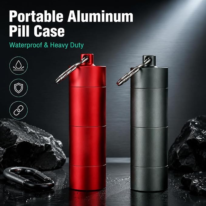 Portable Keychain Pill Case Holder, EFFIET 3 Compartments Metal Pocket Emergency Pill Container Box for Daily Supplyment (Rose Red)