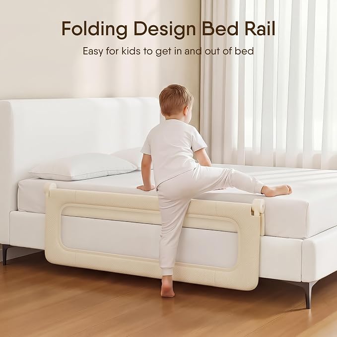 Bed Rail for Toddlers, 59 Inch Foldable Baby Guard | 59 in foldable toddler rail with reinforced anchors, no-gap mattress fit, double lock, washable fabric for King|Queen