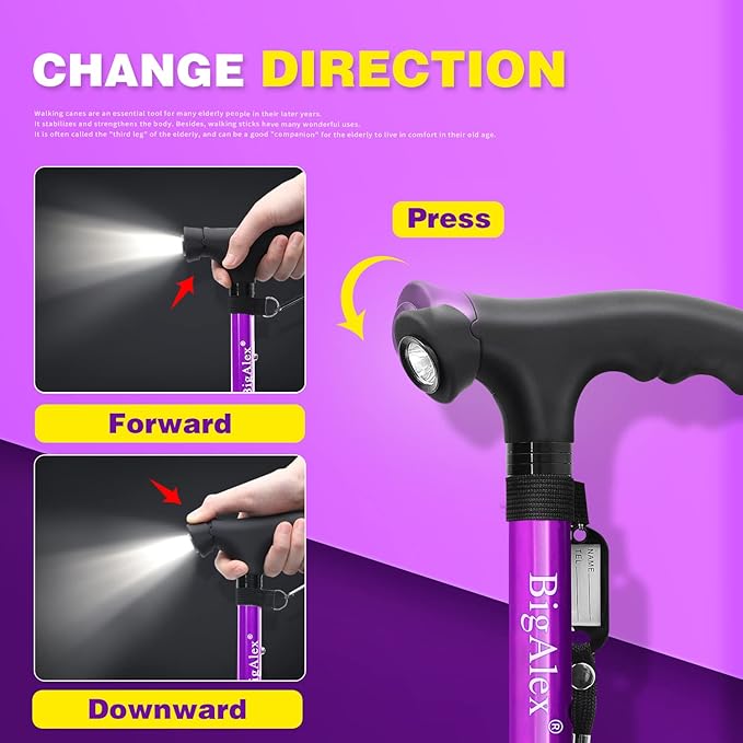 BigAlex Folding Walking Cane with LED Light,Pivoting Quad Base,Adjustable Walking Stick with Carrying Bag for Man/Woman (Alloy Base)