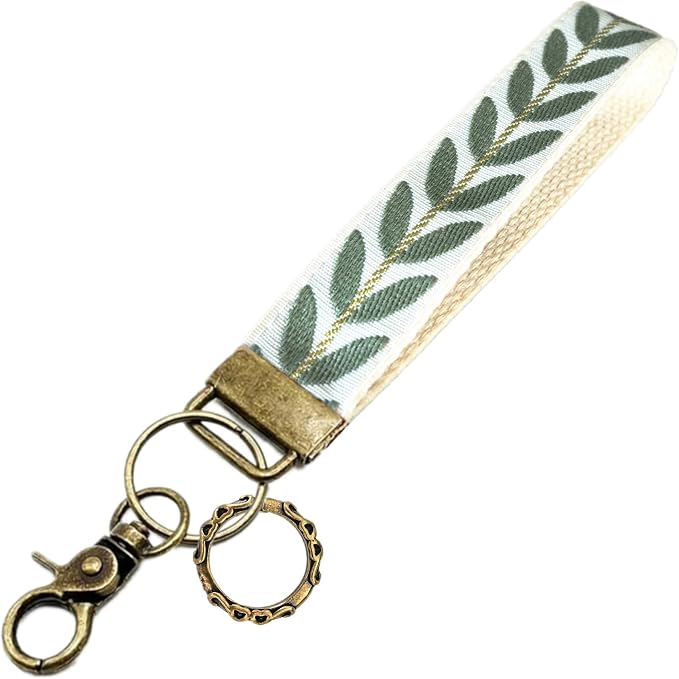 Boho Vintage Embroidered Floral plant Wristlet Keychain for Women | Cute Lanyard&Antique Brass Clasp, Lightweight Hands-Free Key Holder for keys,purses,handbags and daily outdoor use for ladies