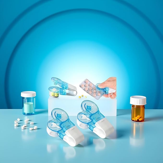 4Pcs Blue Portable Pill Taker Remover, Pill Remover, Blister Pack Opener Popper Assistance No Contact Easy to Take Out Travel Tablet Dispenser Pills Extractor Tool Medication Aids Pill Organizers