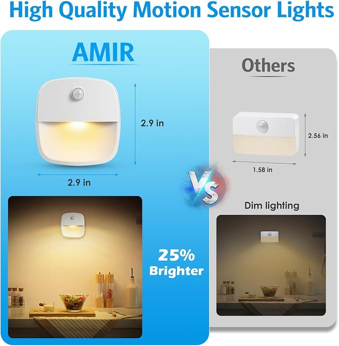 AMIR Upgraded Motion Sensor Stair Light Indoor (Warm White - Pack of 6) | Battery Operated, Cordless Stick-On LED Night Light for Closet, Hallway, Bathroom, Kitchen, Cabinet, Energy Efficient