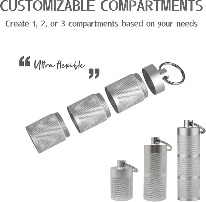 Waterproof Keychain Pill Holder - Compact, Portable, and Secure Pill Box with 3 Compartments - Pocket-Sized Pill Case and Container for Daily Medication on the Go, Sliver | Anodized aluminum with a keyring. 3 detachable layers. Pocket-sized, rustproof ...