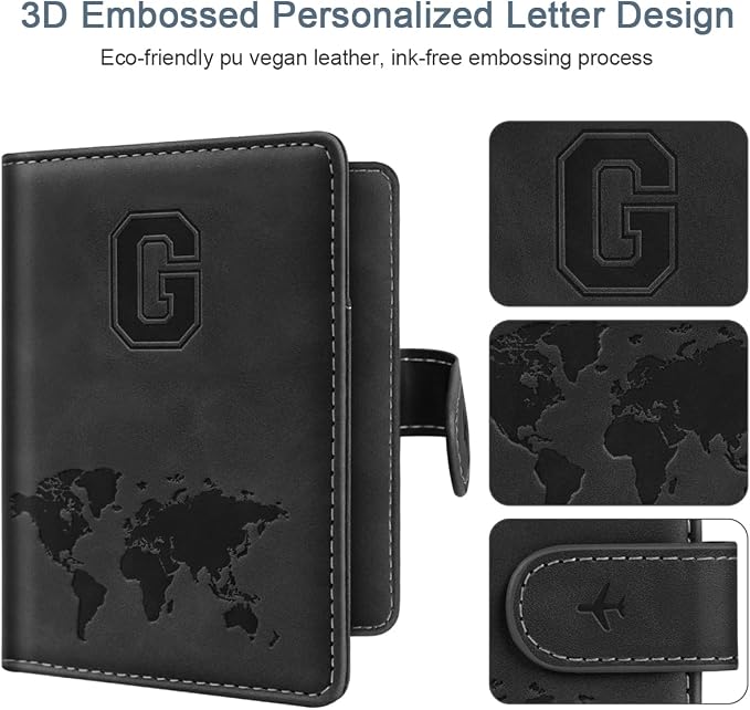 Passport Holder for Travel Essentials Personalized Initial Wallets | Embossed Letter A-Z Design, RFID Blocking, Passport Cover, Passport Book Holders, Men Women, Personalized Gifts, Black-G