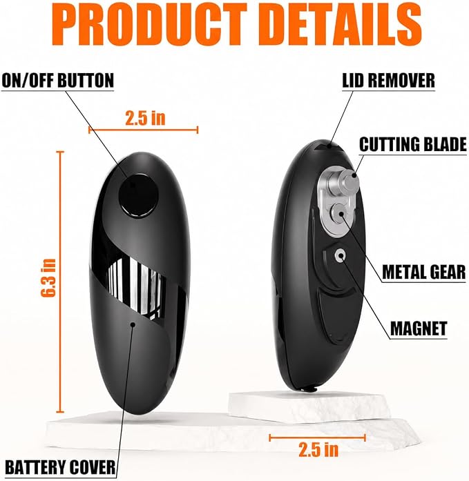 Battery Electric Can Opener, One-Touch,Hands-Free,Smooth Edge,Black,Compact | Effortless safe Automatic Fits Most Round & Square Cans Cord-Free Convenience Camping Kitchens RVs Beginner-Friendly