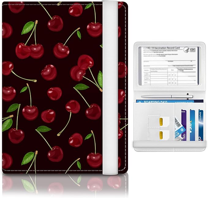 Passport Holder for Travel Essentials, RFID Premium Leather Passport Wallet Cover Case, Unisex Adult, Cherry, Fruits Pattern, Waterproof, Faux Leather