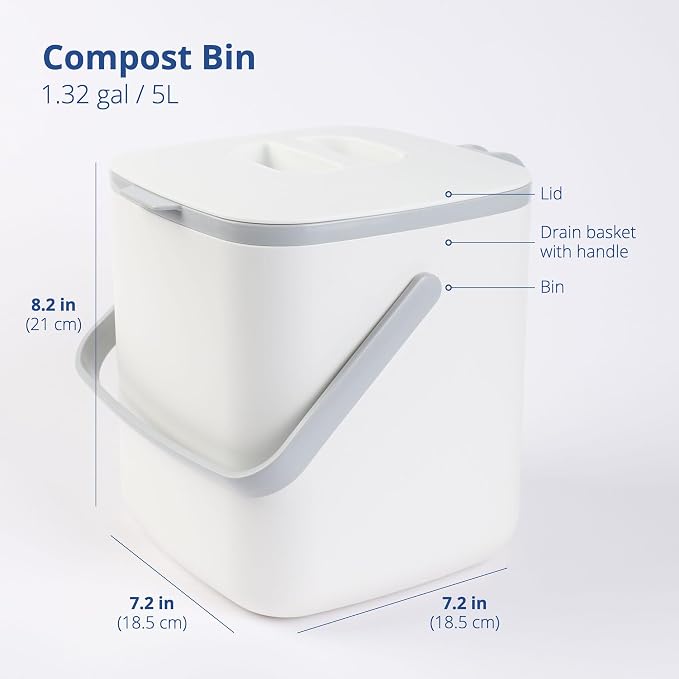Blue Ginkgo Kitchen Compost Bin, 5L Countertop Compost Bin, White | Odor-Tight. Filter-Free. Dishwasher Safe.