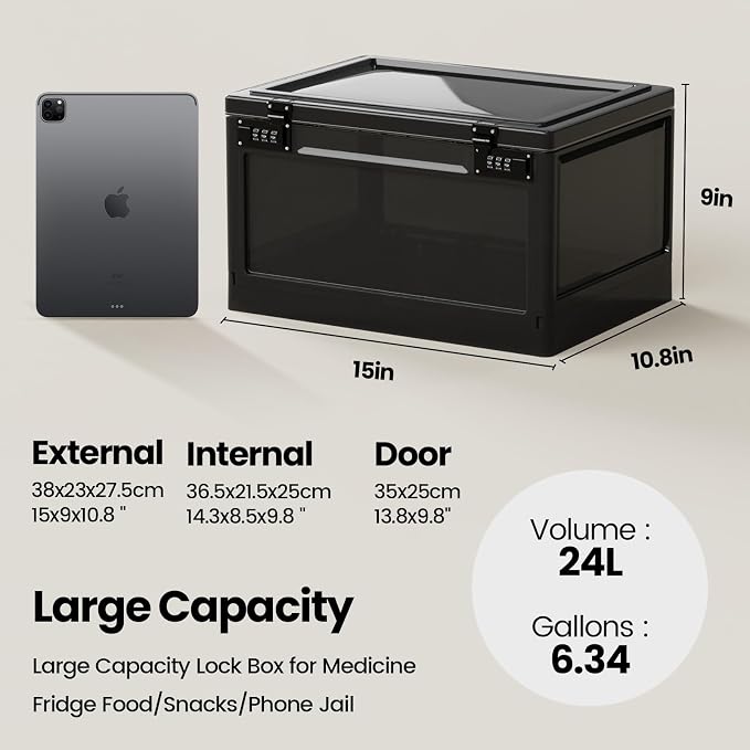 Large Medicine Lock Box for Safe Medication,24 Litre Lockable Storage Box with 3 Combination Code Stackable Medication Lock Box,Storage Box with Lock for Personal Items/Electronic/Snack/Fridge/Office