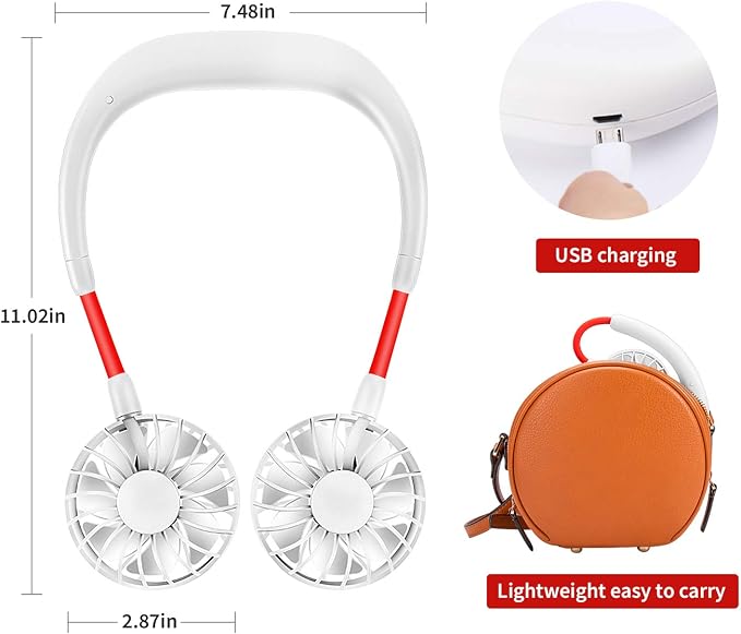 JUANANIUG Portable Neck Fan Rechargeable Personal HandFree Fan Mini USB Wearable Neckband Sport Fan 3 Speed Adjustable 360 Degrees Rotation Perfect for Working Traveling Office Reading (White)