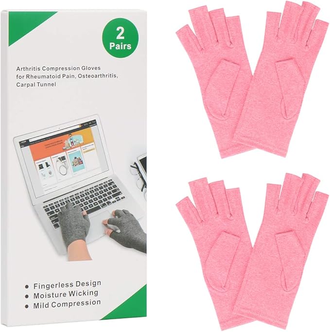 2-Pair Arthritis Compression Gloves for Alleviate Rheumatoid Osteoarthritis, Carpal Tunnel Raynauds Disease, Fingerless Design Breathable & Moisture, Women and Men (Pink, Large)
