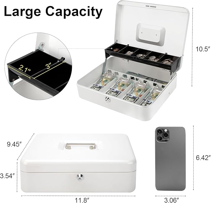 Jssmst Locking Large Metal Cash Box with Money Tray, Money Box with Key Lock, White, SM-CB0504L