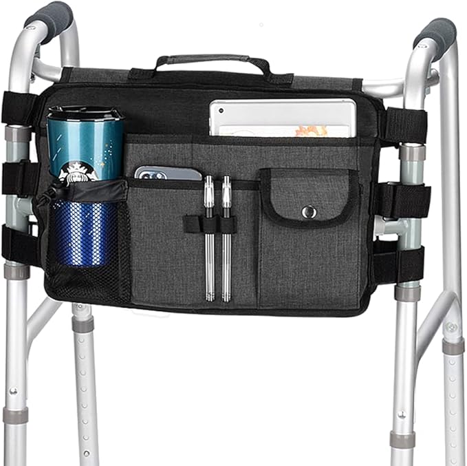 supregear Walker Bag, Seniors Storage Caddy Accessory (Double Sided), Attachment Basket for Folding Walkers, Large Capacity Waterproof Carrier Tote with 9 Pockets and Cup Holder