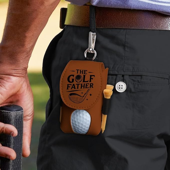 Wrappiness The Golf Father Golf Ball Bag - Golfer Accessories for Men Premium Leather Holder with Clip - Custom Golf Tee Pouch Unique Gift for Dad