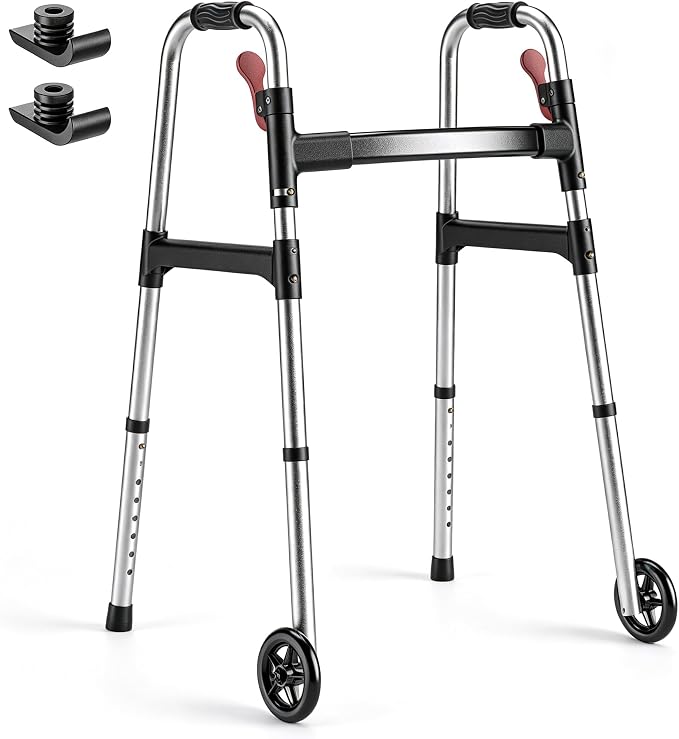 Walkers for Seniors, One-Hand Folding, 8 Height Adjustments, Walkers with Wheels, 2 Skis and 5" Wheels, Lightweight Walker for Seniors, Standard Walkers for Seniors, Aluminum Frame, Silver