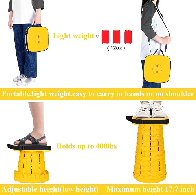 Fishboy Upgraded Collapsible Stool, 400lbs Max Weight, Lightweight But Sturdy, Portable Retractable Folding Telescoping Foldable Camping Stool for Adults Outdoor Fishing Hiking BBQ