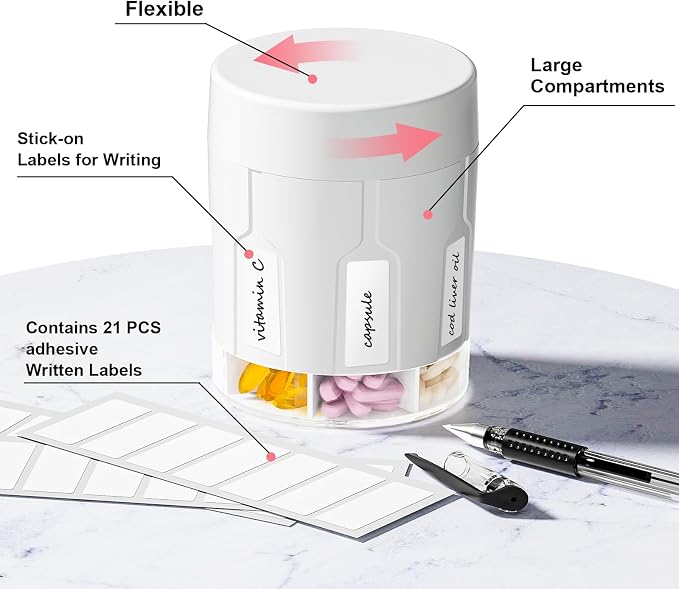 Betife Extra Large Supplement Organizer,Weekly Pill Organizer Bottle, Daily Pill Dispenser with 7 Large Compartments, Organizer to Hold 7 Day Vitamin Medication,21 Labels and a Cleaning Brush（White）