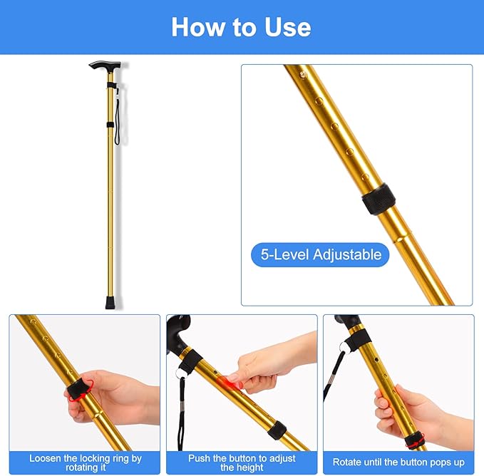 supregear Folding Cane, 5-Level Adjustable Height Walking Stick Lightweight Collapsible Portable Travel Cane with Wrist Strap and T Handle for Elderly Disabled Men Women