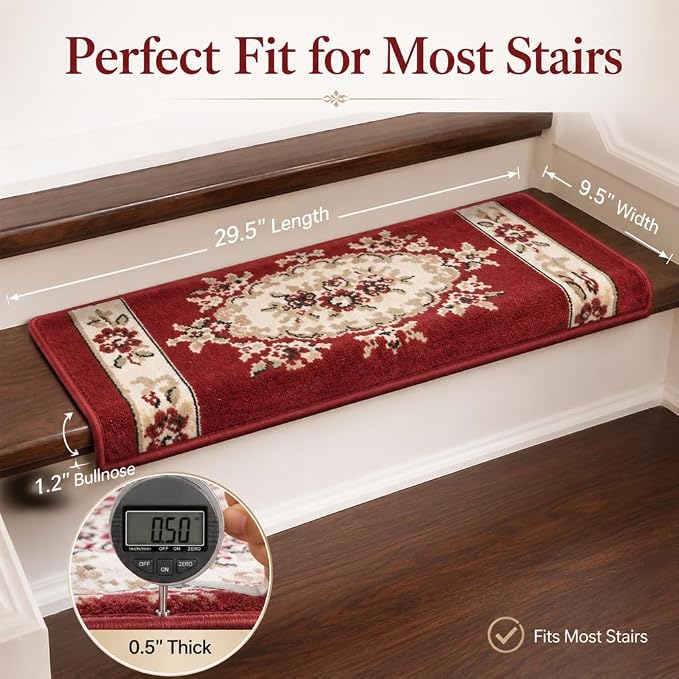 Rounded Bullnose Carpet Stair Treads for Wooden Steps Indoor, No Tape Non Slip Step Mats with TPU Backing & Steel Reinforced Edge for Dogs Elders,Red Medallion,14