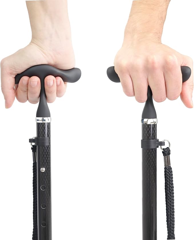 KMINA Folding Cane for Men and Women (Carbon Fiber), Soft Grip, Adjustable Height, Lightweight, Black, PRO Model