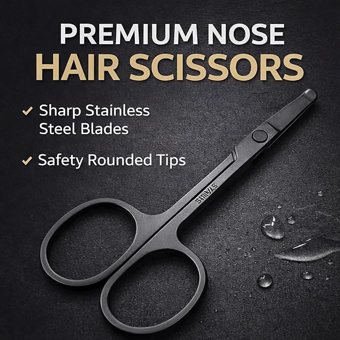 Premium Nose Hair Scissors, Ear and Nose Hair Trimmer Clipper, Curved Safety Blades with Rounded Tip for Trimming (Black)